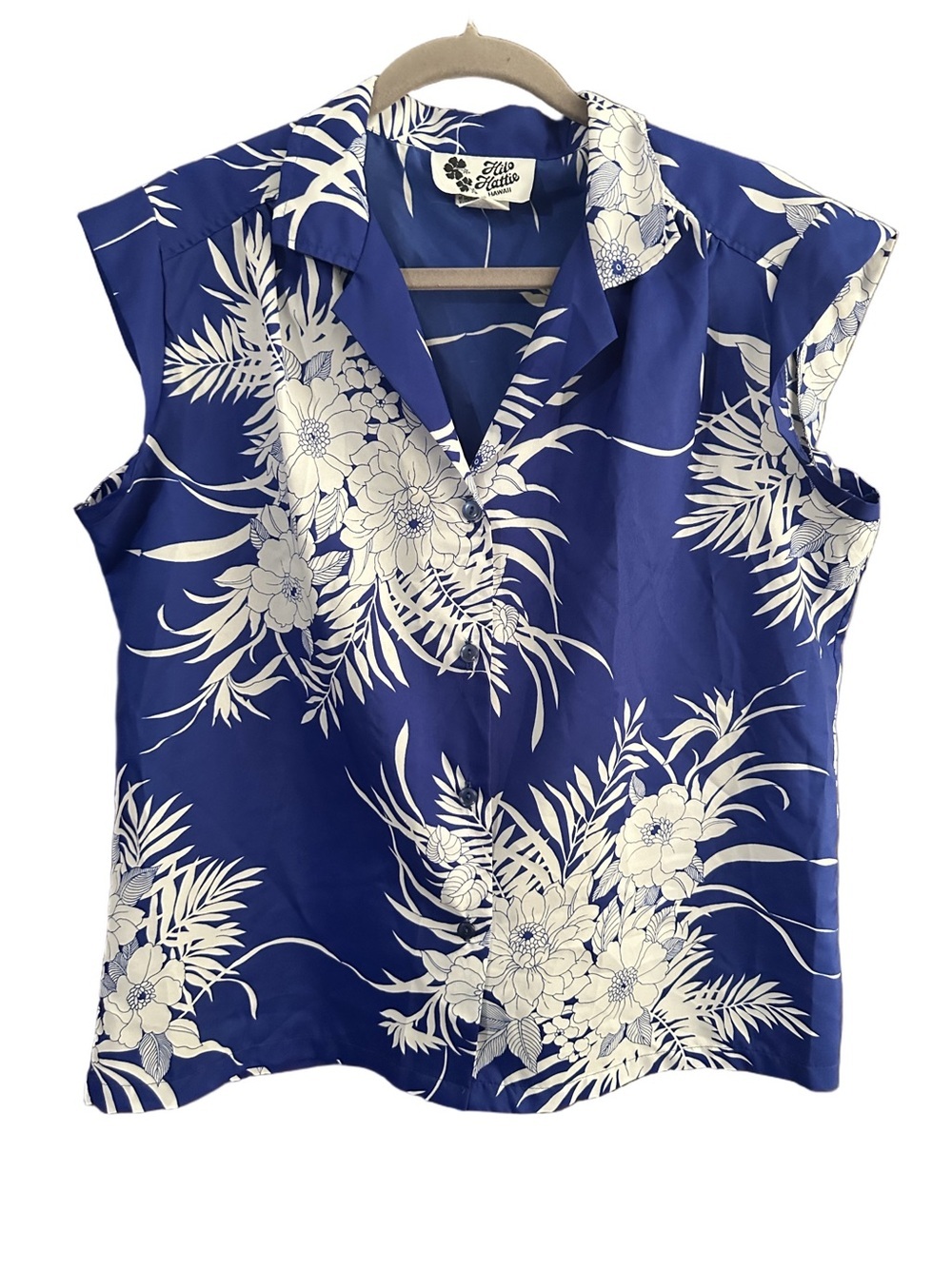 Hilo Hattie Royal Blue Aloha Hawaiian Print Cap-Sleeve Blouse Size Large